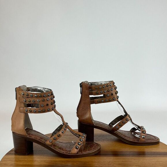 Womens Sam Edelman Dion Brown Leather Beaded Heeled Gladiator Sandals Size 6‎ M - Picture 1 of 8